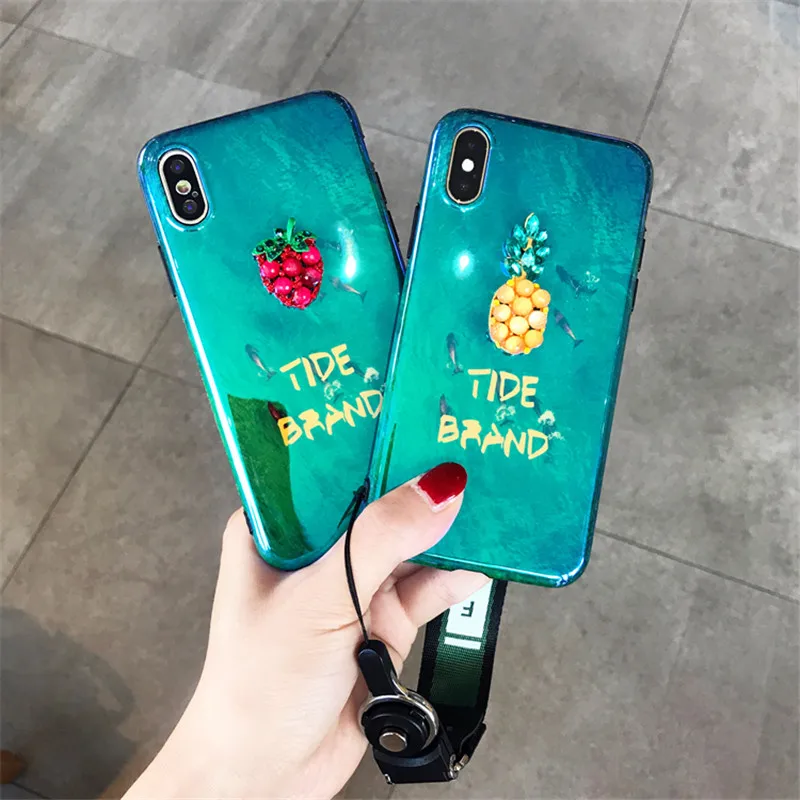 

Mr.orange Retro Fruit Painted Emerald Phone Case For iphone X 7 6 6S 8 Plus Back Cover Diamond Pineapple Strawberry Cases