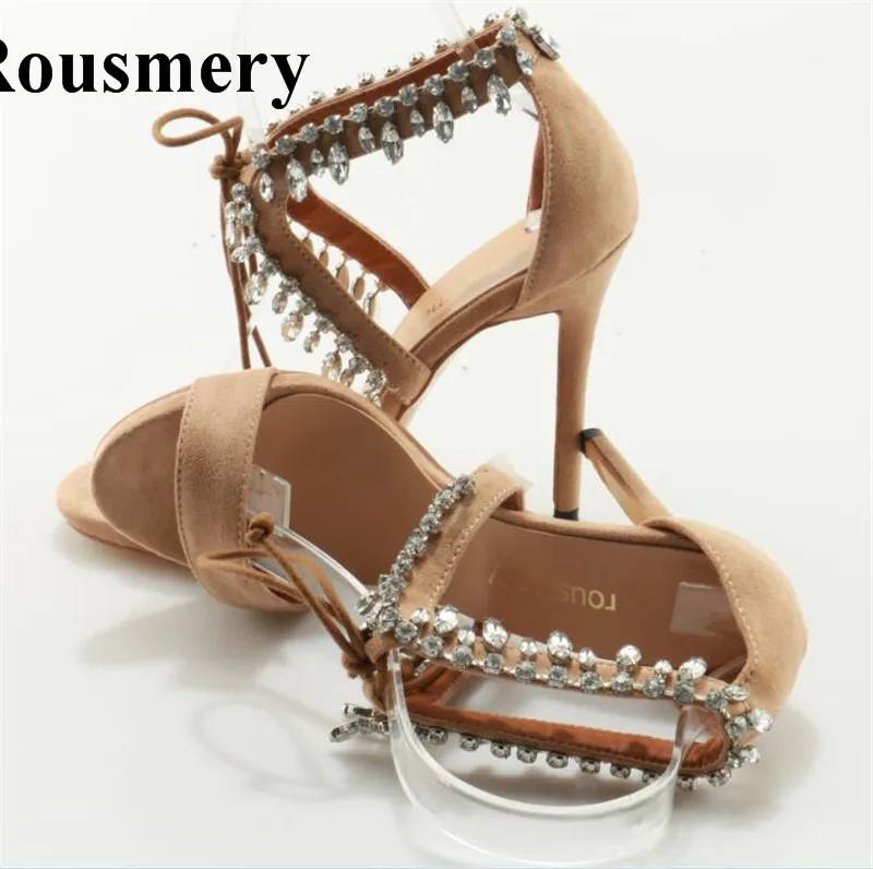 

Women Beautiful Open Toe Suede Leather Rhinestone High Heel Sandals Crystal Strap Cross Zipper-up Sandals Dress Shoes Wedding