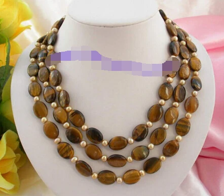 

07242 3stands champagne freshwater pearls tiger-eyes beads necklace