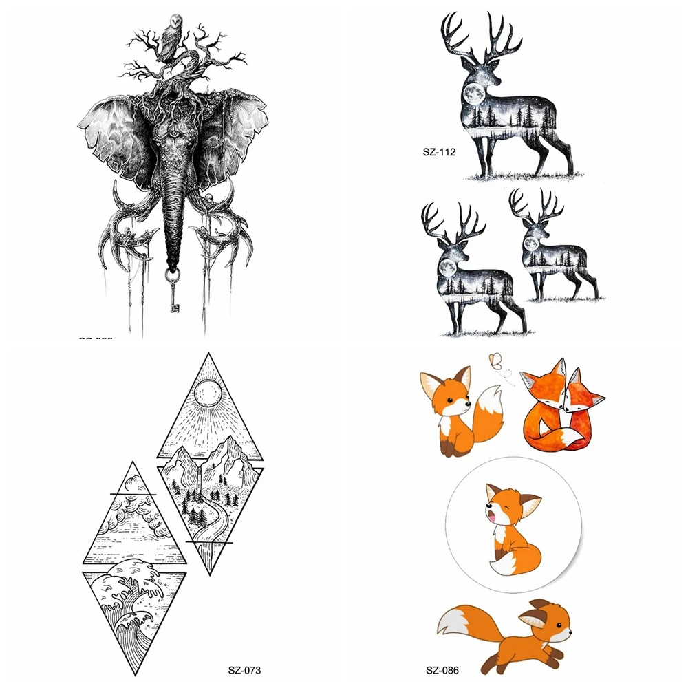 

Branch Elephant Temporary Tattoo Stickers Watercolor Fox Women Body Arm Waterproof Tattoo Men Mountain Deer Fake Tatoos Diamond