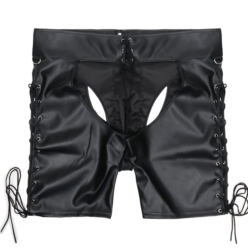 YiZYiF Gay fetish Men underwear Faux Leather Lace Up Pants Open Butt Shorts wetlook Bondage Open Cortch Shorts Gothic Gay Men