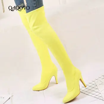 

2019 Ladies High Heels Over The Knee Boots Women Flock Leather Thigh Boots Fashion Pointed Toe Slip On Autumn Winter Boots Shoes