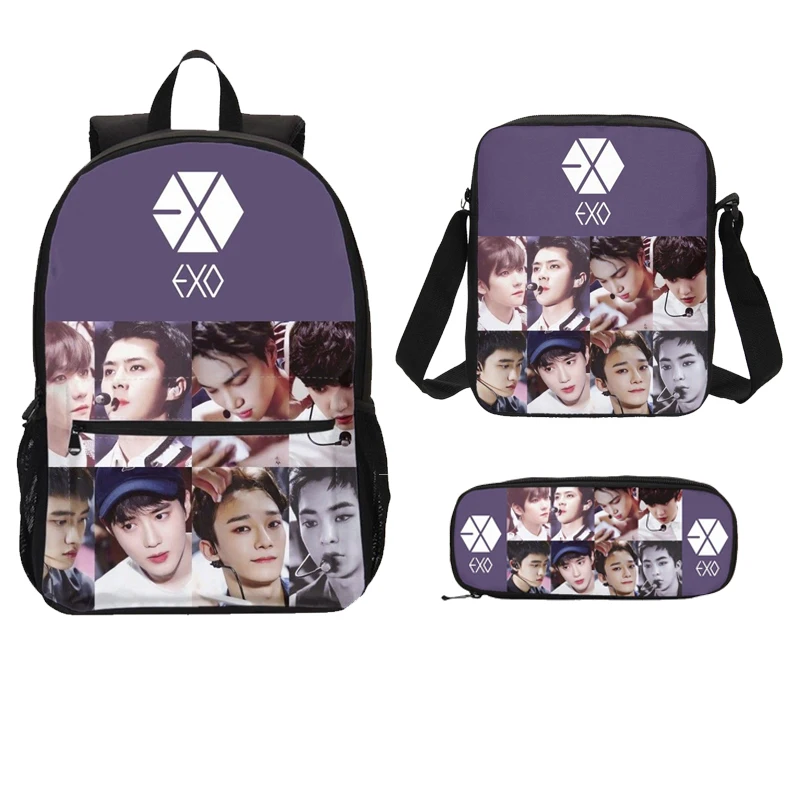 

3 Pcs Women School Bags Teenage Girls Travel Backpack Kids EXO Letter Print Junior High Large School Bags Set Rucksack Mochila
