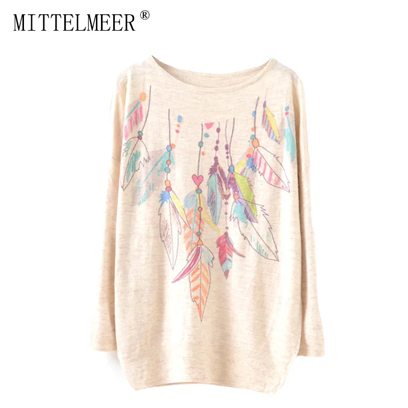 

MITTELMEER New Autumn and Spring Harajuku printed Sweaters women o-neck printing feather necklace Sweaters tops for women