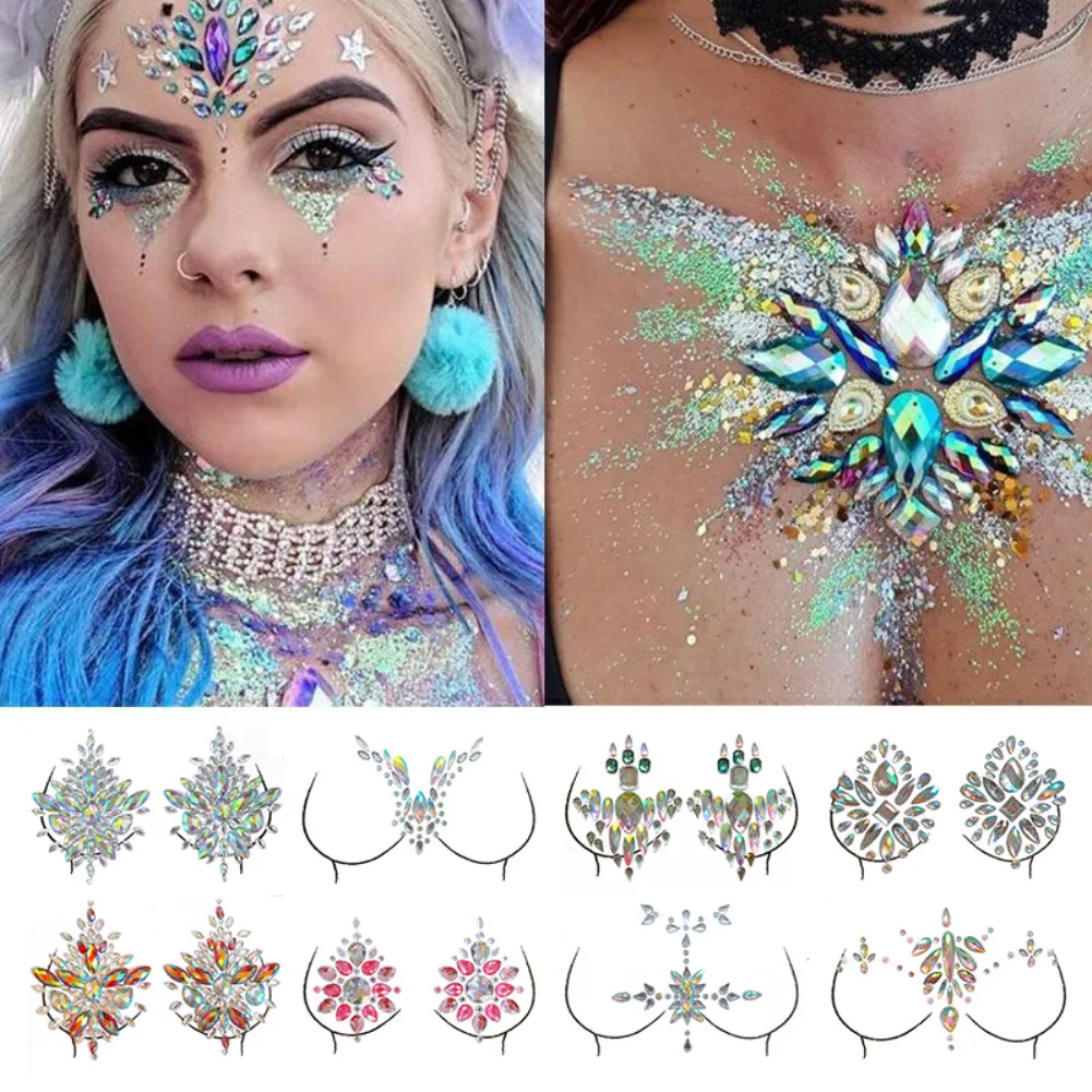 

Women Party Festival Acrylic Chest Decoration Crystal Diamond Tattoo Drill Paste Resin Face Body Stick Makeup Rhinestone Sticker