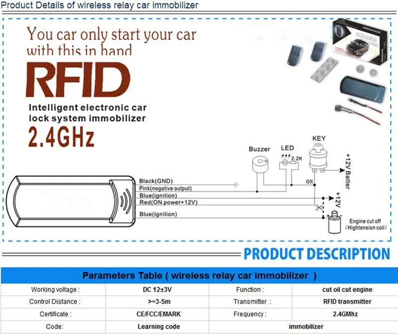 RFID 2,4 GHz беспроводной автомобильный иммобилайзер 12V Беспроводной автомобильный иммобилайзер анти-угон ВКЛ и ВЫКЛ интеллектуальный анти-угон