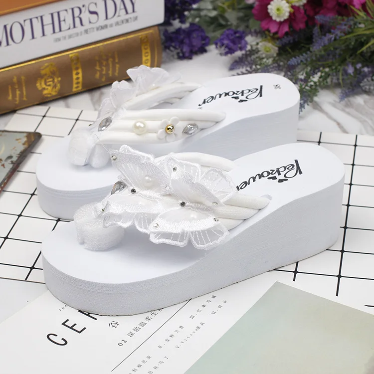 Korean Handmade Pearl Butterfly Slippers Female Summer Non-slip Beach White Platform Wedge Flip Flops Shoes Cheap Online 6cm51