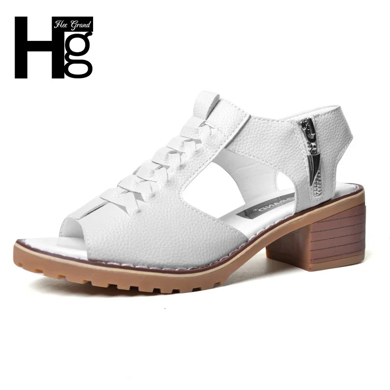 

HEE GRAND Vintage Elegant Women's Sandals Summer Style Peep Toe Cross Tied Side Zip Design Mid Square Heel Shoes Woman XWZ2819