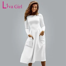 ЛИВА девушка зима-осень Для женщин Повседневное длинные платья платье с коротким и широким подолом женский с длинным рукавом белые пикантные миди платья офисные плиссированное платье