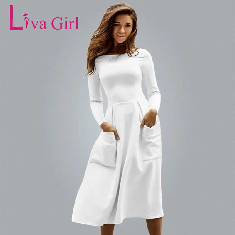 Liva Girl Winter Autumn Women Casual Long Dresses Skater Dress Female Long Sleeve White Sexy Midi