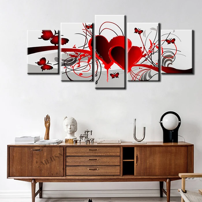 Home-Decor-Hand-Painted-Red-Love-Heart-Butterfly-Oil-Painting-Living-Room-Wall-Painting-5-Pieces (3)