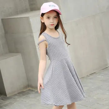 

Kids Dresses for Girls 2018 Summer Fashion Casual sleeveless Dress for Teens Girl Cotton Gray children clothing 6 8 10 12 14 16Y