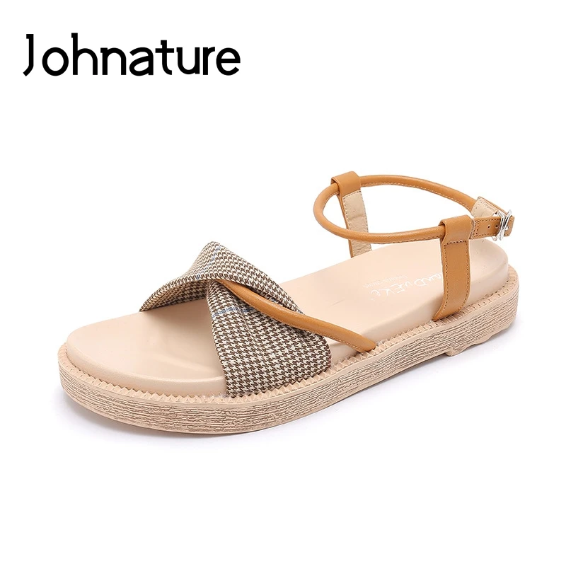 

Johnature Casual Buckle Strap Summer Sandals Plaid Sewing Flat With 2019 New Platform Shoes National Style Concise Women Shoes