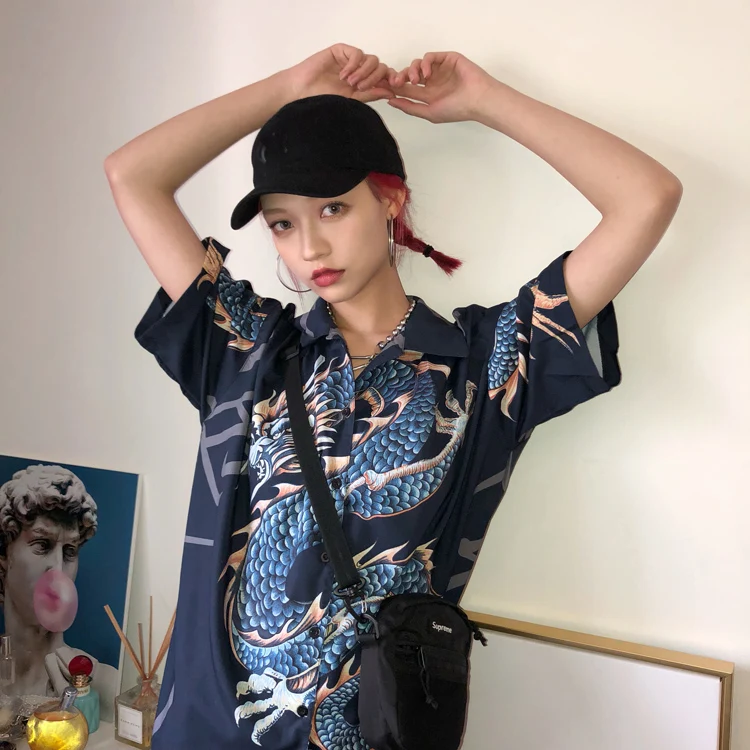 Cheerart harajuku блузка женская летняя рубашка дракон принт streetwear топ женский красная блузка блузка с коротким рукавом