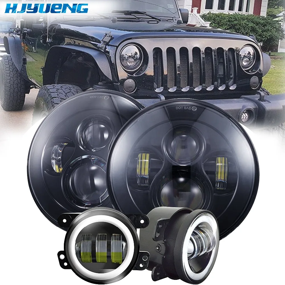

HJYUENG 45w for Jeep wrangler 7Inch LED front headlights replacement with Hi/Lo beam+Black 4inch fog lights lamp white halo