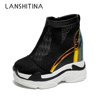 

2019 Summer Breathable Mesh Sneakers Hidden Increasing Women Shoes 10CM Heels Wedge Casual Shoes Bling High Platform Heels Shoes