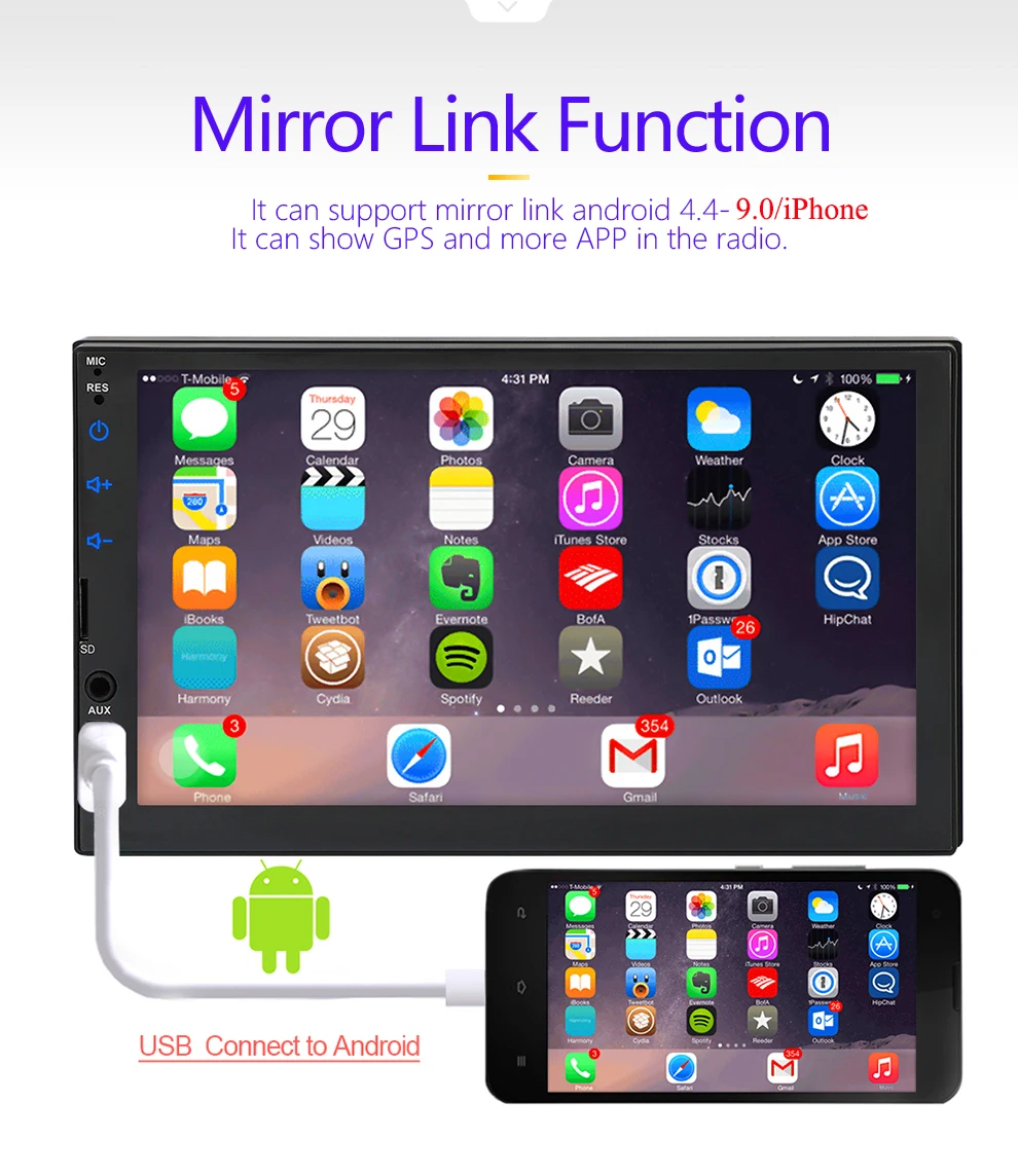 2 din автомагнитола " HD сенсорный экран плеер mirrorlink Android 9 Iphone MP5/SD/FM/MP4/USB/AUX/Bluetooth Авто Аудио для камеры