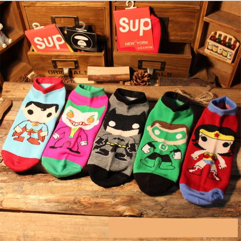 Chaussettes-de-cheville-de-bande-dessin-e-super-h-ros-SpiderMan-Flash-Joker-Superman-Wonder-femme