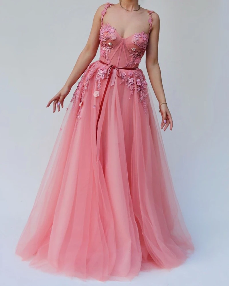 

Smileven Peach Sweetheart evening dress Spaghetti Straps saudi arabia Prom Dress 3D Flowers Appliqued Evening Party dresses