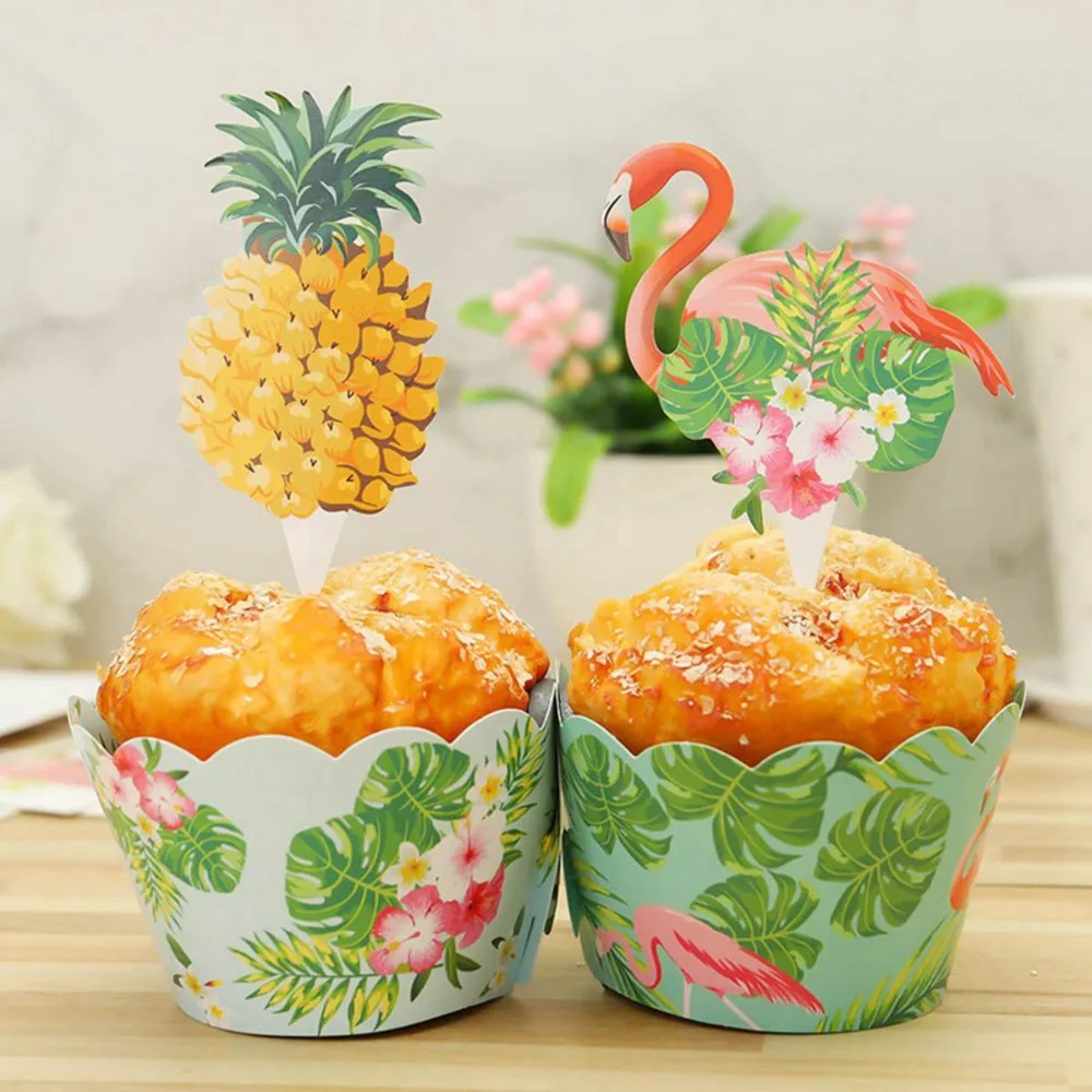 

24pcs Tropic Flamingo Pineapple Cupcake Wrappers Cake Topper for Summer Birthday Party Decoration Kids Cake Decorating Supplies