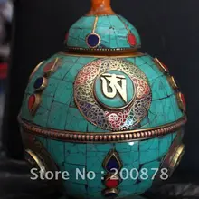 Hdc0696 тибетская семья декора искусства, латунь шелк ограничен бирюзовый коралловые ваза, Тибет коллекционирования, 180*120 мм, EMS