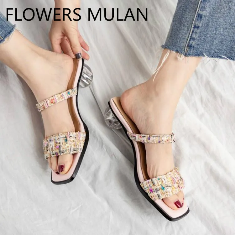 

Brand Designer Mixed Color Plaid Cloth One Buckle Slippers Women Peep Toe Slip On Female Slides Strange Ball Clear Heels Mules