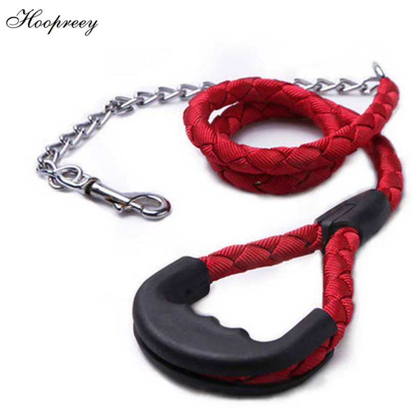 Woven Dog Leashes Metal Chain with Rubber Handle Anti bite Round Dog