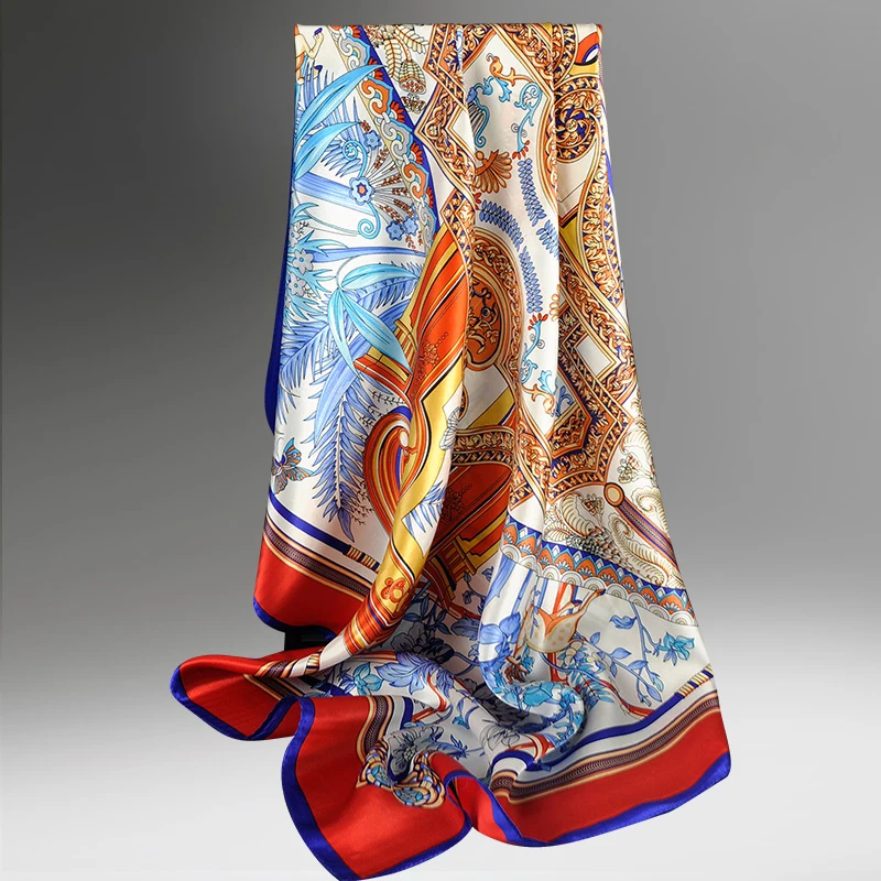 

Women 100% Silk Scarf 90x90cm 2019 Luxury Shawls and Wraps for Ladies Hijab Bandana Vintage Print Square Silk Scarf Handkerchief