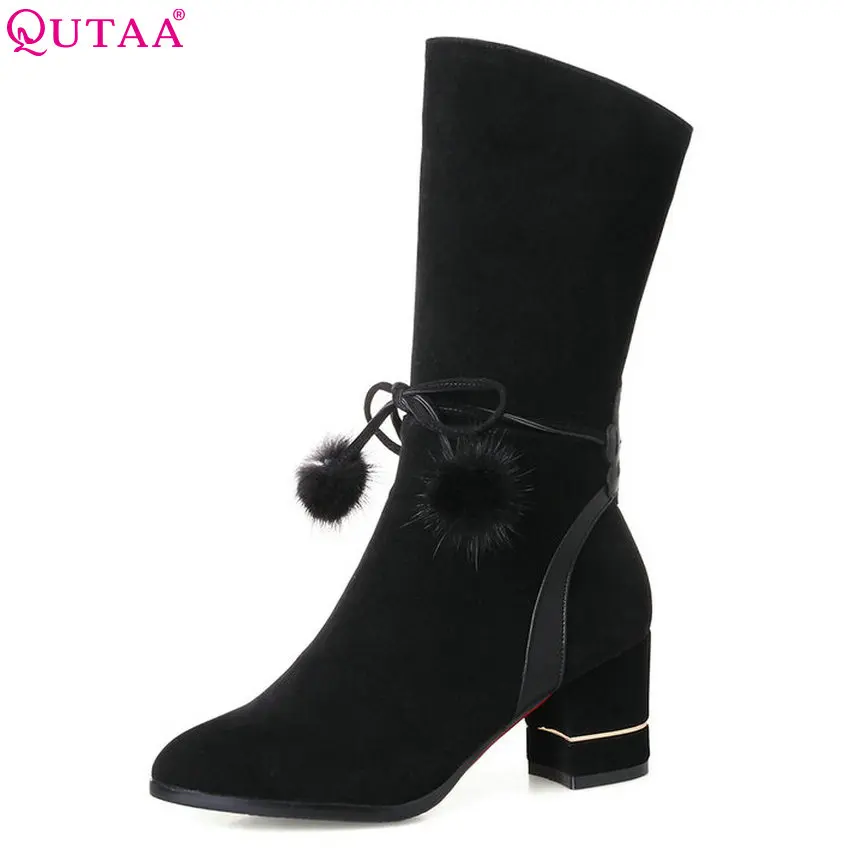 

QUTAA 2018 Women Mid Calf Boots Black Pointed Toe Zipper Design Synthetic Leather Fashion Ladies Spring/autumn Boots Soze 34-43