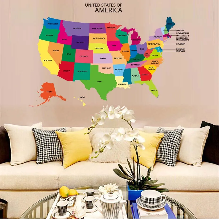 Color World American Map Wall Art Decals Removable Wallpaper For Fridge Home Decor Vinyl Wall Sticker For Office Study Bedroom  (4)