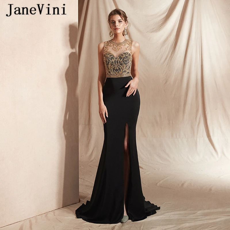 

JaneVini Sexy Mermaid Black Long Evening Dresses Sleeveless Luxury Heavy Beading Side Split Satin Formal Party Gowns Lange Jurk