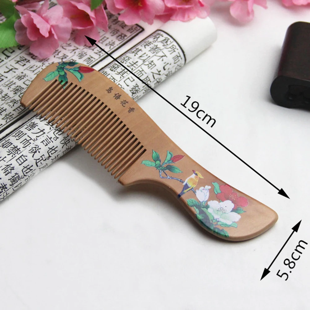Flower Painted Chinese Peach Wood Comb  Healthy Scalp Massage Anti-Static Comb Hair Care Wooden Gift Beauty Tool 6