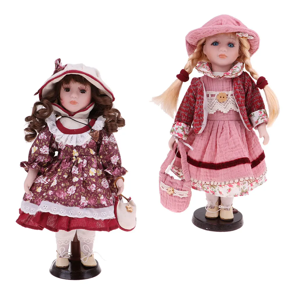 2Pcs 30cm Victorian Porcelain Doll with Dress Set & Wooden Stand Home Display Decoration