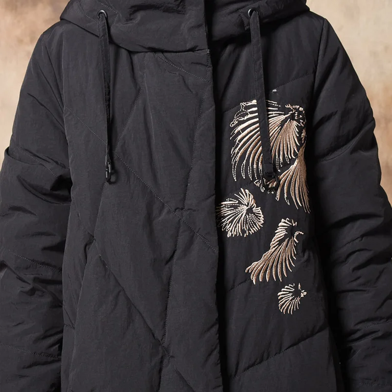 Johnature 2018 Winter New Embroidery Floral Down Coats For Women Hooded Solid Color Vintage Patchwork Warm Women Down Coats