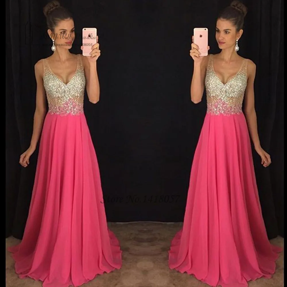 Vestidos de Festa Abendkleider Fushcia Crystals Evening Dresses Long Formal Evening Gowns V Neck Sexy Women Elegant Prom Dress Vestidos de Festa Abendkleider Fushcia Crystals Evening Dresses Long Formal Evening Gowns V Neck Sexy Women Elegant Prom Dress