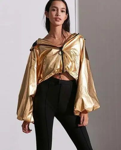 Womens Gold Sleeves Hooded Casual Loose Jacket Short Waist Length Outerwear Coat S34