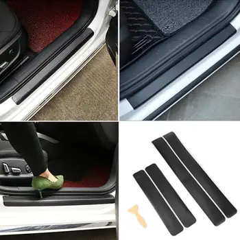 

4Pcs/set Black Carbon Fiber Car Door Sill Sticker Protector Film Sill Scuff Cover Anti Scratch Decal w/ Scraper Auto Accessories