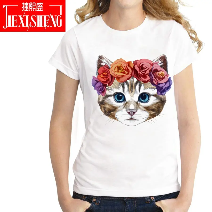 New 2018 Summer Fashion T Shirt Short Sleeve Blusas Femininas Cool Cat Print Tops Cross Tee Lady Tsh