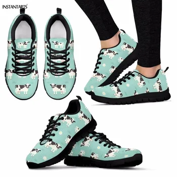 

INSTANTARTS Cute Cow and Baby Cow Printing Green Running Shoes for Women Men Casual Summer Lace Up Sneakers Breath Sports Shoes