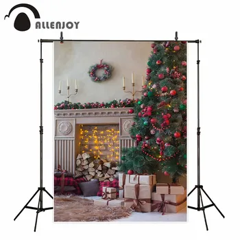 

Allenjoy Modern warm Christmas decoration tree gift wreath candle fireplace wood carpet red ball backgrounds for photo studio
