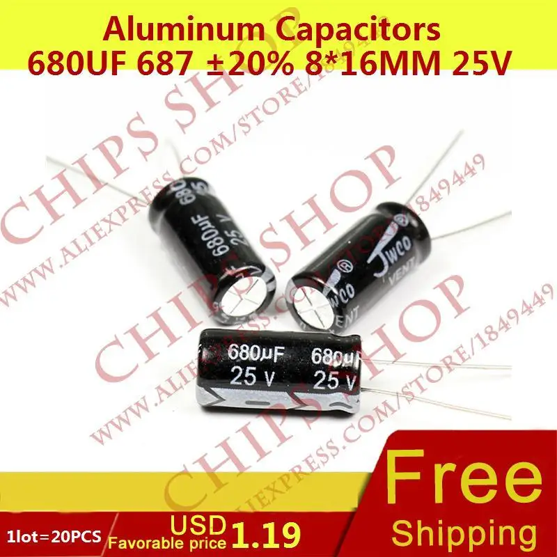1LOT 20PCS Aluminum Capacitors 680uF 687 20 8 16mm 25V 680000nF 680000000pF Diameter8mm