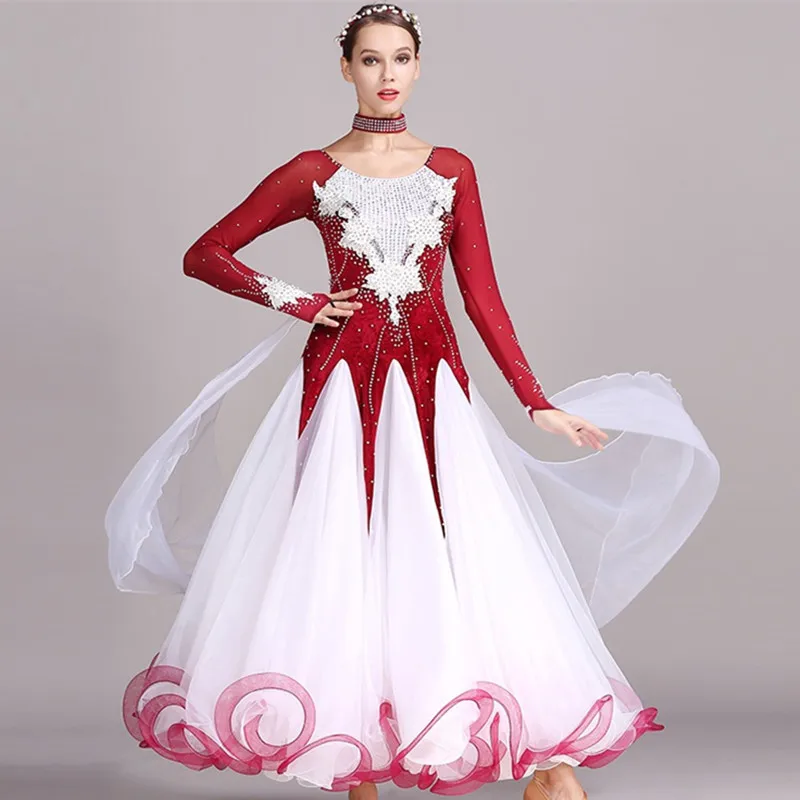 Velvet Stitching Applique Ballroom Dance Competition Dress Modern Dance Costume Waltz Dress Luminous Costumes
