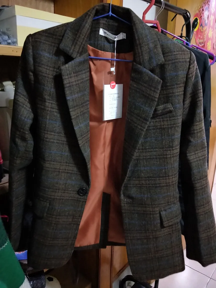 Размера плюс 2XL на осень и зиму, Винтажный клетчатый костюм куртка офис леди шерстяной пиджак женский плед тoнкий блeйзeр