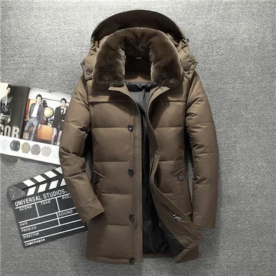 Русская зимняя куртка для мужчин, высококачественное длинное пальто с меховым воротником, брендовый плотный теплый мужской пуховик, doudoune homme, ветрозащитная шапка - Цвет: Хаки