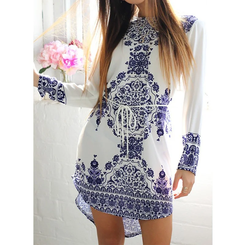 

Summer Style White Blue Porcelain Long Sleeve Dress Classic Loose Casual Back Hem Tile Prints Beach Dress Plus Size