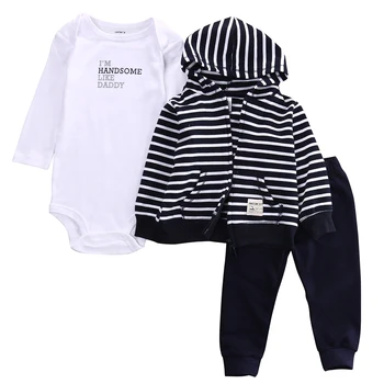 

2017 Autumn Winter Clothes Set Newborn Infant Baby Girl Boy Clothes Hooded Striped Coat+Romper+Long Pants Set Outfit Age 0-24M