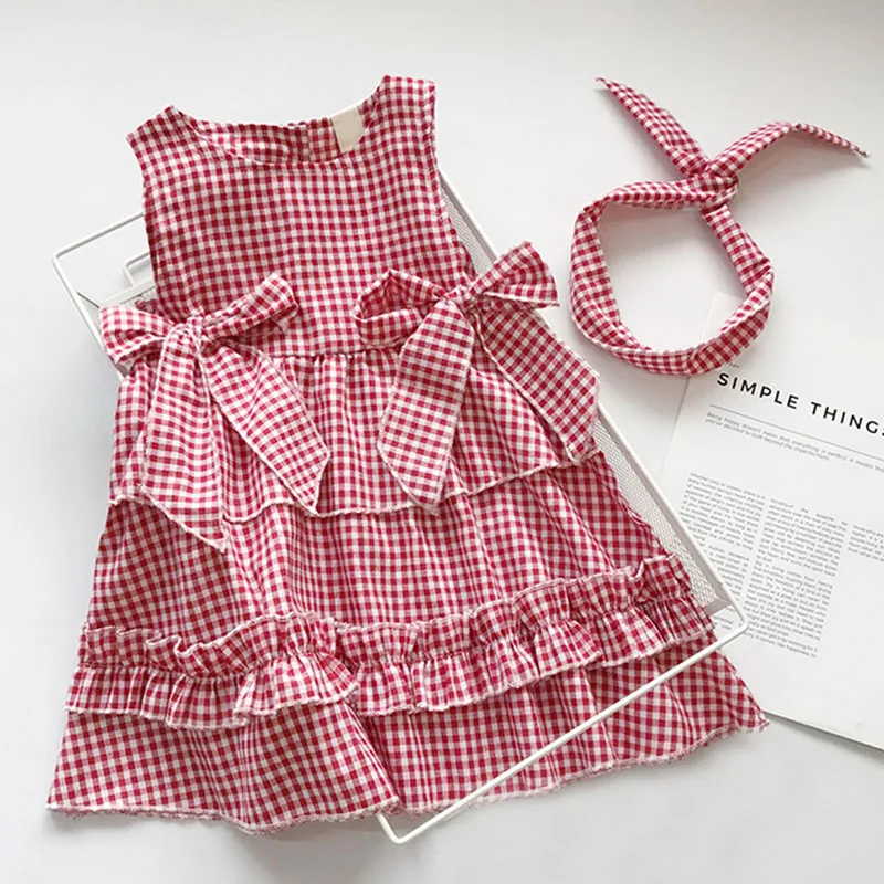 

Toddler Girls Dresses Summer Plaid Kids Princess Dress Bow Decoration Kids Clothes With Hairband Children Dress 1-6Y