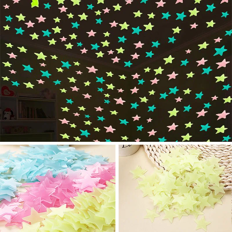 

100pcs colorful star shape Luminous plastic stickers glow in dark home decor funny toys for children kids room laptop sticker