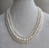 New Arriver Wedding Party Jewelry White Pearl Jewelry 5.5-9mm 3 Rows 17-19 Inches Freshwater Pearl Necklace Free Shipping