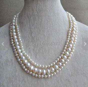 

New Arriver Wedding Party Jewelry White Pearl Jewelry 5.5-9mm 3 Rows 17-19 Inches Freshwater Pearl Necklace Free Shipping